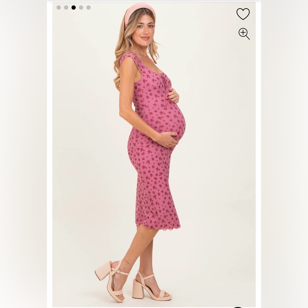 Pink Floral Mesh Front Tie Cutout Maternity Midi Dress
